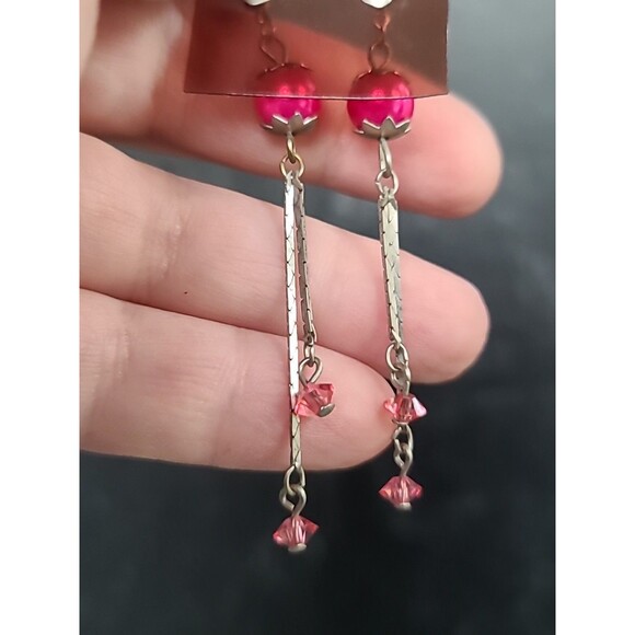 Korean Silver Tone Metal Pink Faux Pearl & Rhinestone Dangling Pierced Earrings - Picture 6 of 10